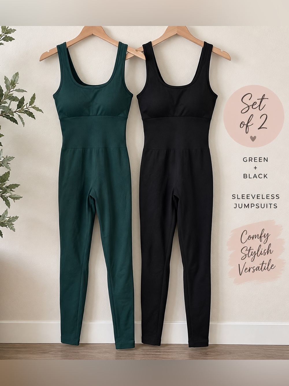 Set of 2 green and Black Sleeveless Jumpsuits Z